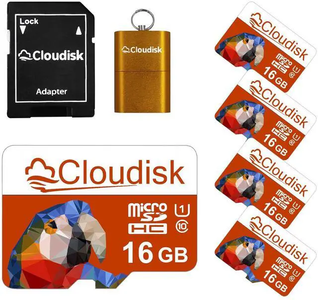 Main image of Cloudisk Pack of 5 Parrot-Prime Micro SD Card 16GB Flash Memory Card Micro SDHC C10 A1 U1 with SD Adapter, Card Reader (16GB)