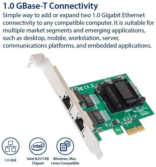 Alt view image 2 of 5 - IO CREST 2 Port Gigabit Ethernet PCI-e x1 Network Card Intel 82571 Chipset, (SY-PEX24074)