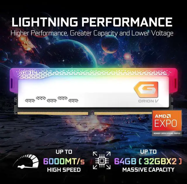 Alt view image 2 of 5 - GeIL Orion RGB DDR5 RAM, 32GB (16GBx2) 6000MHz 1.35V,Intel/AMD Compatible, High Speed Desktop Memory, Hardcore Immersive Gaming/Multimedia Content Creation/Quality Live Streaming (White)