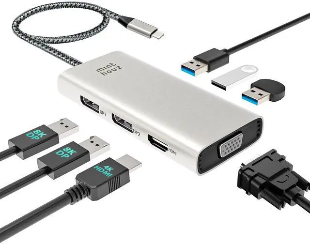 Main image of Minthouz USB-C Docking Station 7-in-1 Quad Display Laptop Multiport Adapter, 4K HDMI, Dual 8K DP, VGA, 3xUSB2.0 Ports & USB Dongle for MacBook Pro/Air, iPad Pro, iMac, iPhone 16 Pro/Pro Max, ThinkPad