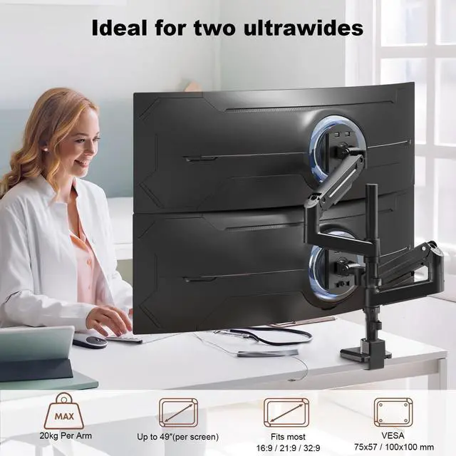 Alt view image 2 of 5 - Dual Monitor-Arm Heavy-Duty for 17-49-inch Screens - Premium Vertical Stacked Dual Monitor Arm Desk Mount for Ultrawide Screens up to 44lbs, Fully Adjustability, VESA 75/100 mm, Black
