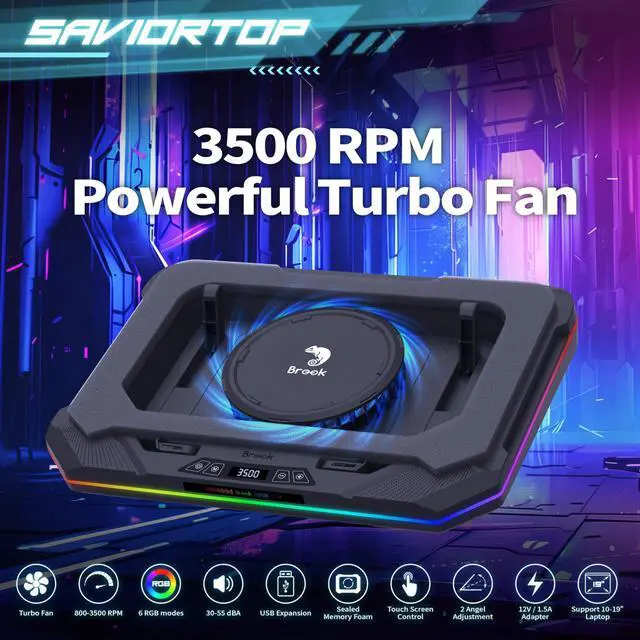Alt view image 2 of 5 - Brook Saviortop Gaming Laptop Cooler, IC Core Cooling Pad with Advanced Turbo Fan, Fast Cooling for Laptops 10-19in, Adjustable Speed, Touch Control, USB-C & USB-A Ports, Compact & Portable Design