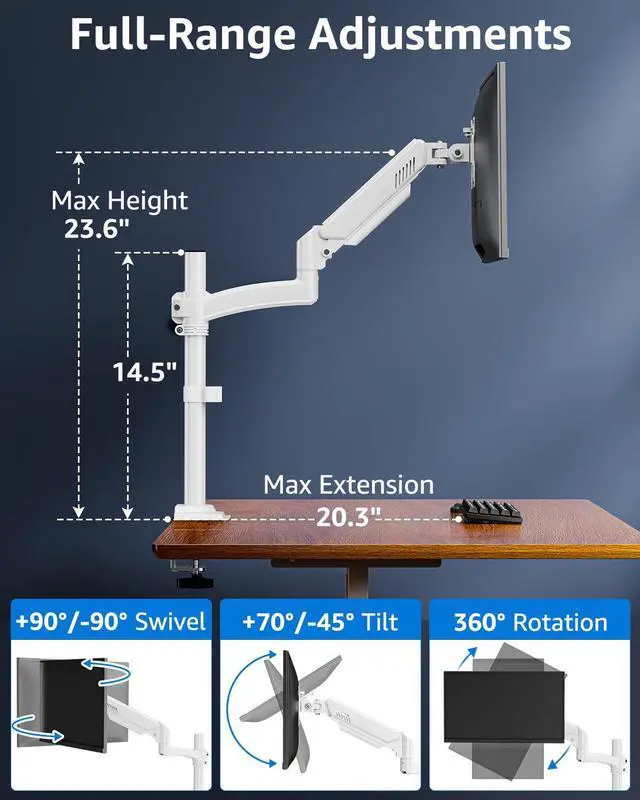 Alt view image 4 of 5 - Single Monitor Arm Holds Max 22lbs, Monitor Stand for Desk, Height Adjustable Monitors Mount for 13-32inch, Full-Motion Monitors Desk Mount with C-ClampGrommet Base, Freelift White