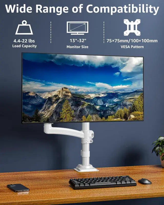 Alt view image 3 of 5 - Single Monitor Arm Holds Max 22lbs, Monitor Stand for Desk, Height Adjustable Monitors Mount for 13-32inch, Full-Motion Monitors Desk Mount with C-ClampGrommet Base, Freelift White