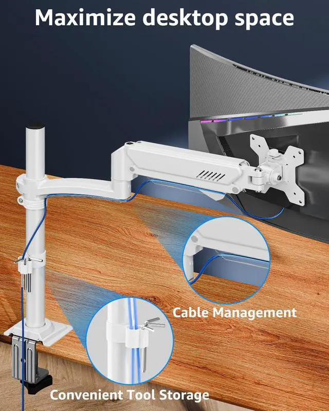 Alt view image 5 of 5 - Single Monitor Arm Holds Max 22lbs, Monitor Stand for Desk, Height Adjustable Monitors Mount for 13-32inch, Full-Motion Monitors Desk Mount with C-ClampGrommet Base, Freelift White