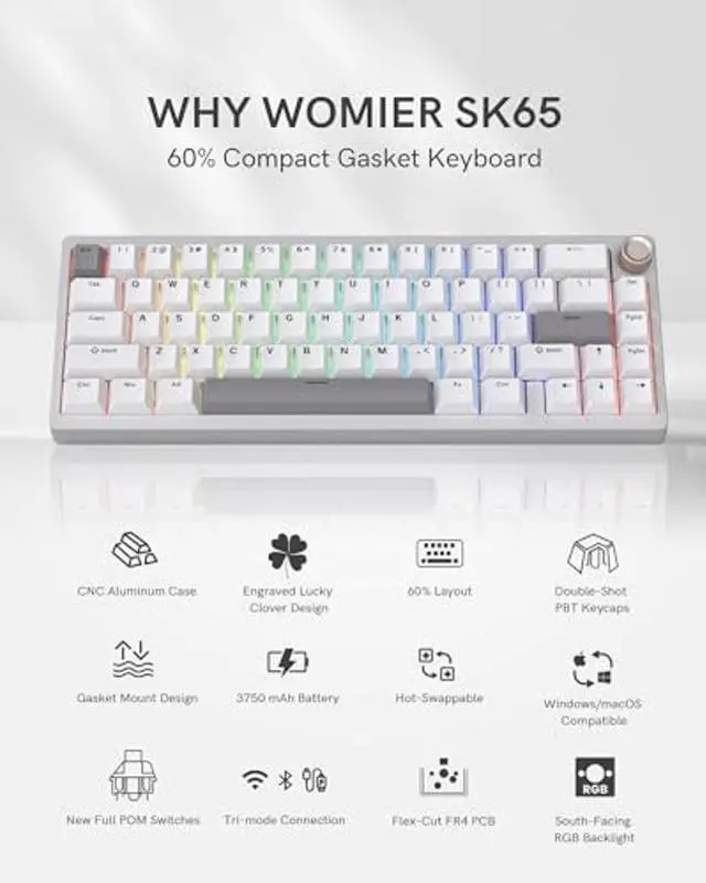Alt view image 2 of 5 - Womier SK65 Wireless Mechanical Gaming Keyboard with Knob, 60 Percent Aluminium Keyboard for PC, Bluetooth 5.0/2.4GHz/USB-C Wired, Hot Swappable Custom Lineaner Switch, RGB Backlit (Silver V2)