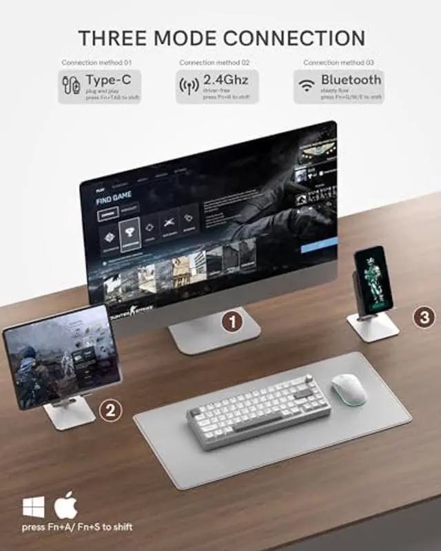 Alt view image 5 of 5 - Womier SK65 Wireless Mechanical Gaming Keyboard with Knob, 60 Percent Aluminium Keyboard for PC, Bluetooth 5.0/2.4GHz/USB-C Wired, Hot Swappable Custom Lineaner Switch, RGB Backlit (Silver V2)