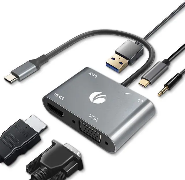 Main image of VCOM USB C to HDMI VAG Adapter, 5-in-1 USB C Hub with 100W Power Delivery, 4K HDMI, 1080P VGA, USB 3.0 Port, OTG Adapter Compatible with MacBook Air, iPad Pro, Dell XPS, Surface Pro (Grey)