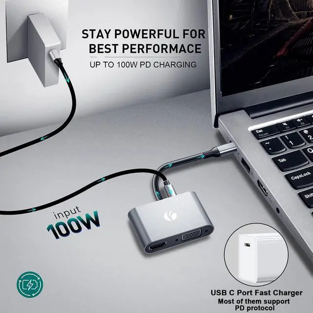 Alt view image 4 of 5 - VCOM USB C to HDMI VAG Adapter, 5-in-1 USB C Hub with 100W Power Delivery, 4K HDMI, 1080P VGA, USB 3.0 Port, OTG Adapter Compatible with MacBook Air, iPad Pro, Dell XPS, Surface Pro (Grey)