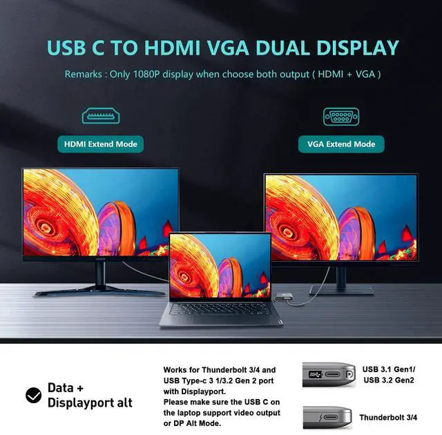 Alt view image 5 of 5 - VCOM USB C to HDMI VAG Adapter, 5-in-1 USB C Hub with 100W Power Delivery, 4K HDMI, 1080P VGA, USB 3.0 Port, OTG Adapter Compatible with MacBook Air, iPad Pro, Dell XPS, Surface Pro (Grey)