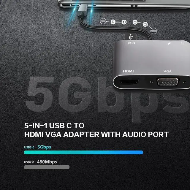 Alt view image 3 of 5 - VCOM USB C to HDMI VAG Adapter, 5-in-1 USB C Hub with 100W Power Delivery, 4K HDMI, 1080P VGA, USB 3.0 Port, OTG Adapter Compatible with MacBook Air, iPad Pro, Dell XPS, Surface Pro (Grey)