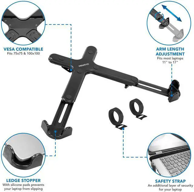 Alt view image 3 of 5 - Mount-It! Laptop VESA Mount Tray for Monitor Arms - VESA Laptop Tray Fits Up to 17" Notebooks - Adjustable Holder with Safety Strap, Ventilated Cooling Design, and Secure Ledge Stopper (Black)