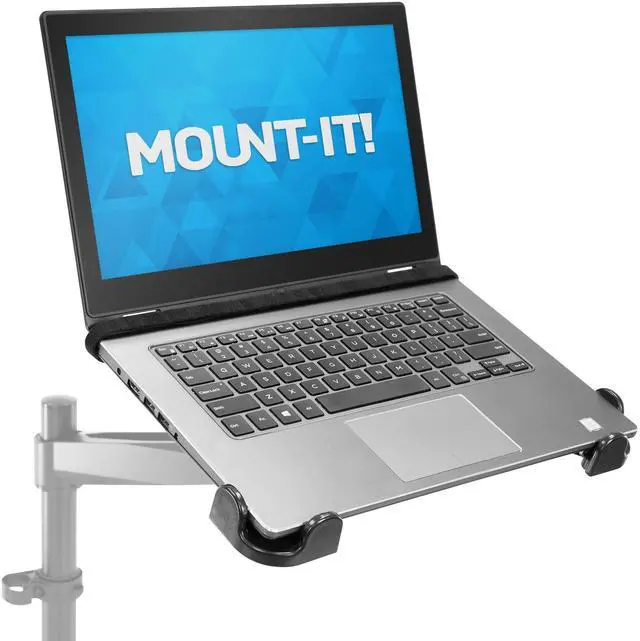 Alt view image 2 of 5 - Mount-It! Laptop VESA Mount Tray for Monitor Arms - VESA Laptop Tray Fits Up to 17" Notebooks - Adjustable Holder with Safety Strap, Ventilated Cooling Design, and Secure Ledge Stopper (Black)