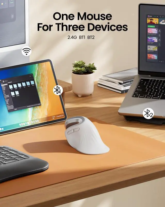 Alt view image 3 of 5 - ProtoArc Ergonomic Vertical Mouse, EM11 NL Rechargeable Wireless Mouse Bluetooth, Ergo Mice with 3 Multi-Device for PC/Notebook/Laptop, 2.4GHz Optical Mice for Windows, Mac OS, White