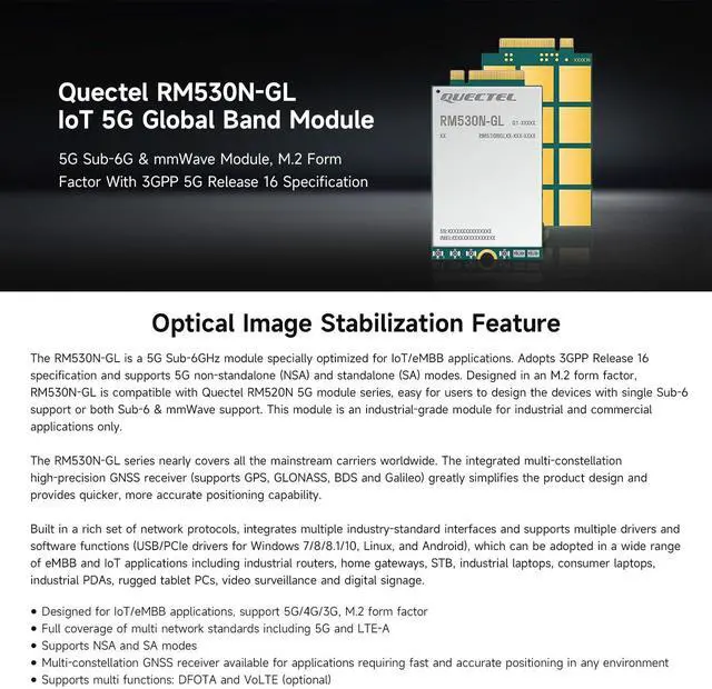Alt view image 2 of 5 - Waveshare Quectel RM530N-GL IoT 5G Global Band Module, 5G Sub-6G & mmWave Module, M.2 Form Factor with 3GPP 5G Release 16 Specification
