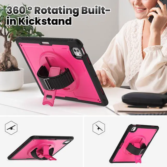 Alt view image 3 of 5 - Timecity Case for iPad Pro 13 Inch M4 2024 7th Generation(Model: A2925, A2926, A3007) with Screen Protector, 360deg Rotating Kickstand, Shoulder Strap, Supports Pencil Wireless Charging, Rose