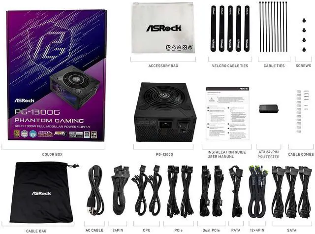 Alt view image 5 of 5 - ASRock Phantom Gaming PG-1300G ATX 3.1 1300W Power Supply PCle5.1 10 Years Warranty Fully Modular Japanese Capacitor 80 Plus Gold Cybenetics Platinum 12V-2x6 Cables