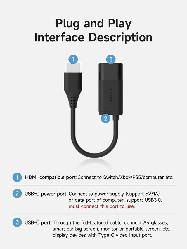 Alt view image 2 of 5 - Hagibis HDMI to USB C Adapter, 4K@60Hz HDMI Male to USB-C Female Cable, Portable Monitor, AR Glasses XREAL, VITURE, RayNeo, Rokid to Type C Laptop, Switch, ROG Ally, Steam Deck, PS4/5