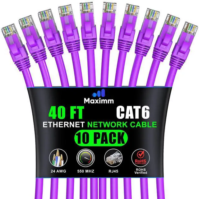 Main image of Maximm Cat 6 Ethernet Cable 40 ft (10-Pack) - High-Speed LAN Cable, Internet Cable, Patch Cable, and Network Cable - UTP, 10Gbps, 550MHz Ethernet Cord - Purple
