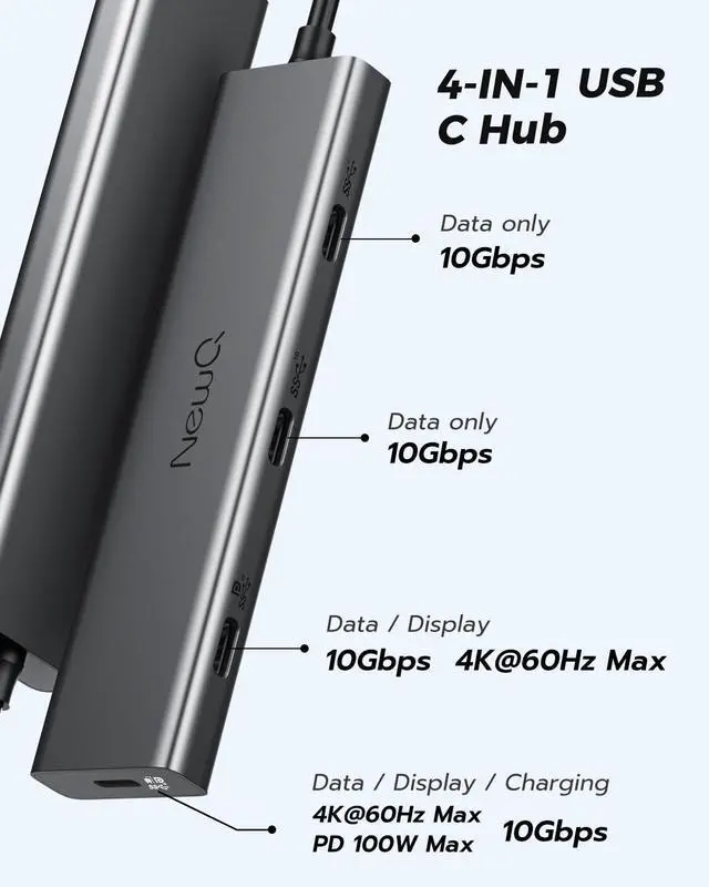 Alt view image 2 of 5 - Versatile USB C Video Hub, 100W PD, DP Alt Dual 4K@30-60Hz, 10Gbps*4 Ports, Docking Station Dual Monitor for MacBook, Dell, HP, ASUS, iMac, iPad Pro, Steam Deck, Rog Ally, Legion Go, Samsung, AR Glass