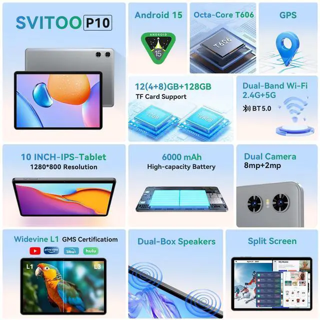 Alt view image 3 of 5 - SVITOO 10 Inch Android Tablet, 2025 Android 15 Tablet for Adults, 12GB RAM 128GB Storage 1TB Expandable, Octa-Core 6000mAh, Includes Keyboard Mouse Protective Case, Dual Cameras 8MP 2MP, Face Unlock