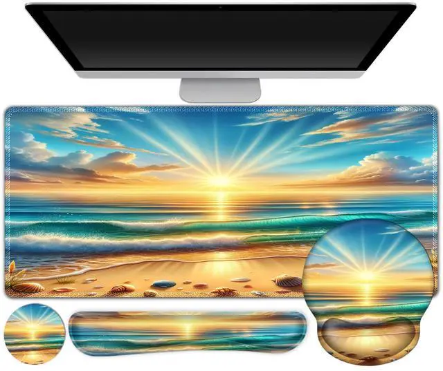 Main image of Gaming Mouse Pad, Large Desk Mat, Cute Desk Pad Protector, 4in1 XXL Mousepad + Keyboard Wrist Rest+Mouse Wrist Rest+Coaster Set with Ergonomic Desk Pad for Home Office Computer, Beach Sun Shell