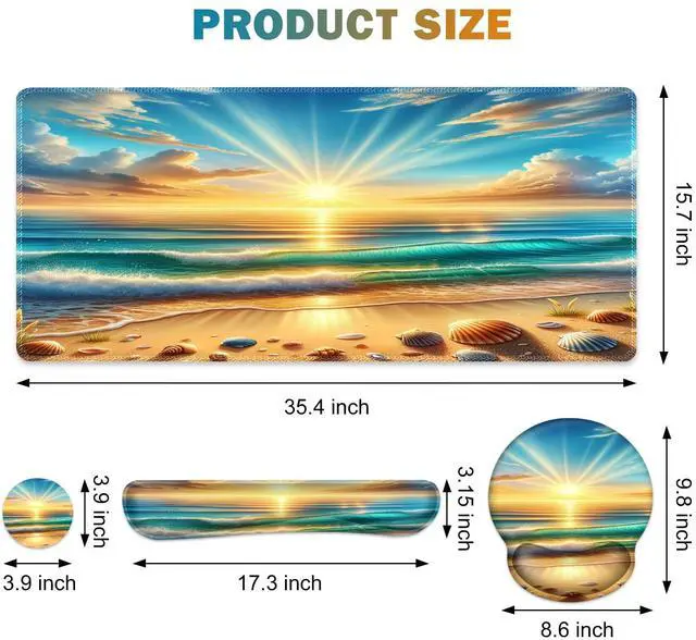 Alt view image 3 of 5 - Gaming Mouse Pad, Large Desk Mat, Cute Desk Pad Protector, 4in1 XXL Mousepad + Keyboard Wrist Rest+Mouse Wrist Rest+Coaster Set with Ergonomic Desk Pad for Home Office Computer, Beach Sun Shell