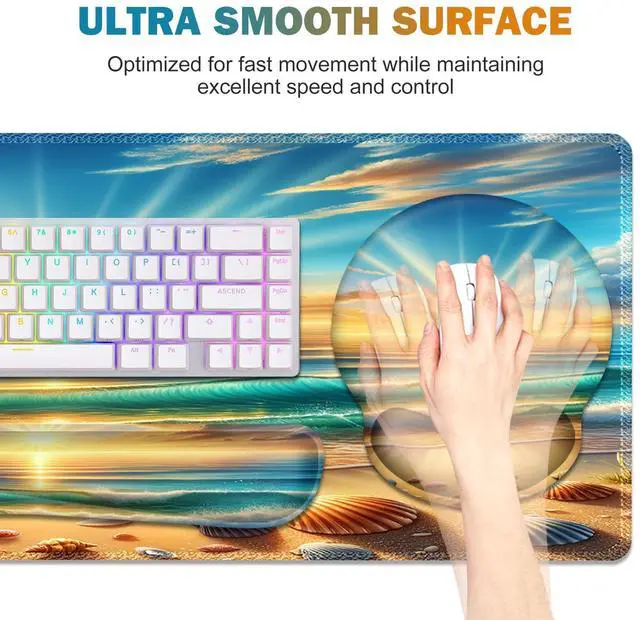 Alt view image 5 of 5 - Gaming Mouse Pad, Large Desk Mat, Cute Desk Pad Protector, 4in1 XXL Mousepad + Keyboard Wrist Rest+Mouse Wrist Rest+Coaster Set with Ergonomic Desk Pad for Home Office Computer, Beach Sun Shell