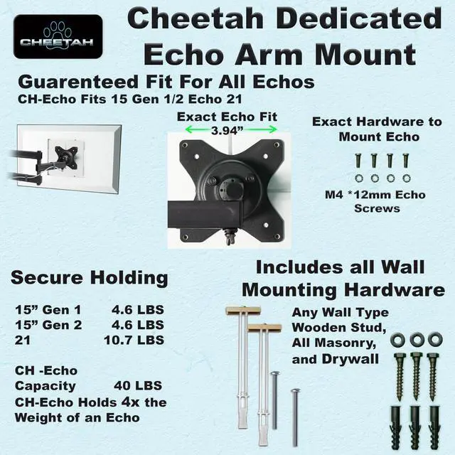 Alt view image 2 of 5 - Cheetah Echo Show 15 & 21 Arm Wall Mount, Exact Fit Plate and Screws Hold 4X Echo Weight, Exclusive Touch Adjust Full Motion Tilt & Swivel Movement & 15 Inch Extension, Drywall and Corner Mountable