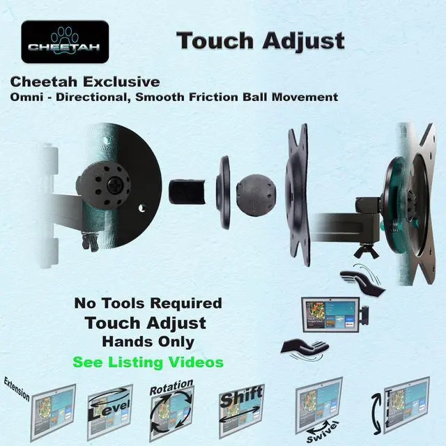 Alt view image 3 of 5 - Cheetah Echo Show 15 & 21 Arm Wall Mount, Exact Fit Plate and Screws Hold 4X Echo Weight, Exclusive Touch Adjust Full Motion Tilt & Swivel Movement & 15 Inch Extension, Drywall and Corner Mountable