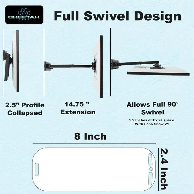 Alt view image 5 of 5 - Cheetah Echo Show 15 & 21 Arm Wall Mount, Exact Fit Plate and Screws Hold 4X Echo Weight, Exclusive Touch Adjust Full Motion Tilt & Swivel Movement & 15 Inch Extension, Drywall and Corner Mountable