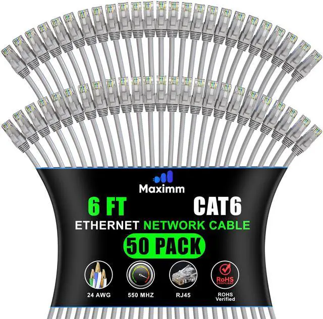 Main image of Maximm Cat 6 Ethernet Cable - 6 ft (50-Pack) - High-Speed LAN, Internet, Patch, Network Cable - UTP, 10Gbps, 550MHz Ethernet Cord - Gray