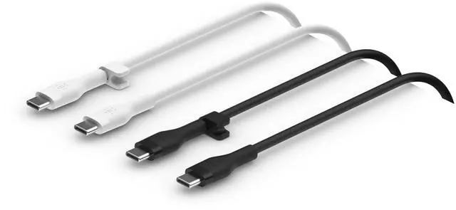 Main image of Belkin BoostCharge Flex Silicone USB-C to USB-C Charging Cable (2M/6.6FT) for iPhone 16, iPhone 16 Pro, Galaxy S25, S24, Pixel 9 & 8, Nintendo Switch 2 & More with Cable Clip - Black & White (2-Pack)