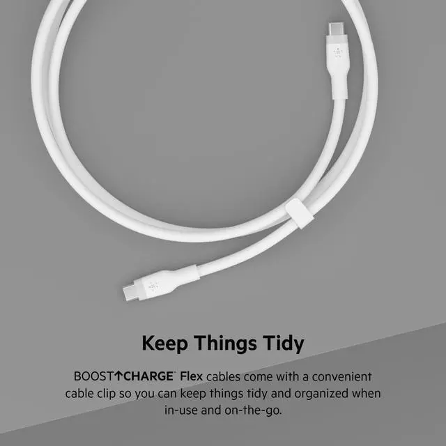 Alt view image 3 of 5 - Belkin BoostCharge Flex Silicone USB-C to USB-C Charging Cable (2M/6.6FT) for iPhone 16, iPhone 16 Pro, Galaxy S25, S24, Pixel 9 & 8, Nintendo Switch 2 & More with Cable Clip - Black & White (2-Pack)