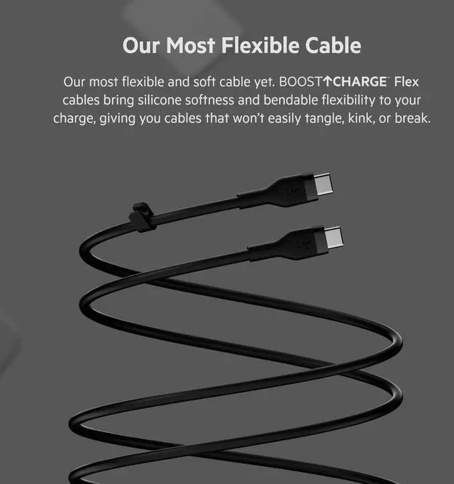 Alt view image 2 of 5 - Belkin BoostCharge Flex Silicone USB-C to USB-C Charging Cable (2M/6.6FT) for iPhone 16, iPhone 16 Pro, Galaxy S25, S24, Pixel 9 & 8, Nintendo Switch 2 & More with Cable Clip - Black & White (2-Pack)