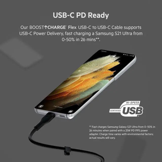 Alt view image 4 of 5 - Belkin BoostCharge Flex Silicone USB-C to USB-C Charging Cable (2M/6.6FT) for iPhone 16, iPhone 16 Pro, Galaxy S25, S24, Pixel 9 & 8, Nintendo Switch 2 & More with Cable Clip - Black & White (2-Pack)