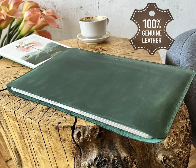 Alt view image 5 of 5 - Case for 13 MacBook Air Genuine Leather Sleeve case 13-inch MacBook Air M1 m2 m3 A2337 A2179 A1932 (2018-2021) MacBook Pro M1/A2338 A2251 A2289 (2016-2025) (Horizontal, Green)