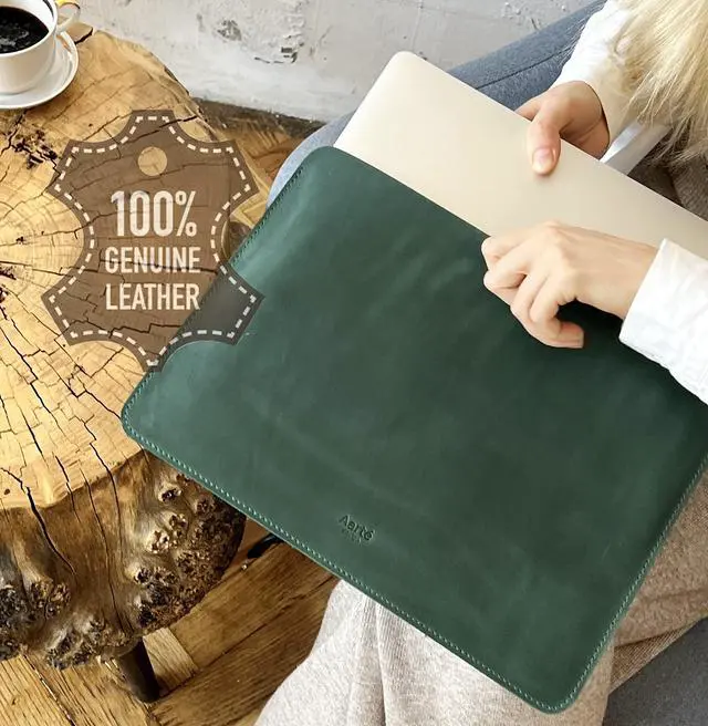 Alt view image 4 of 5 - Case for 13 MacBook Air Genuine Leather Sleeve case 13-inch MacBook Air M1 m2 m3 A2337 A2179 A1932 (2018-2021) MacBook Pro M1/A2338 A2251 A2289 (2016-2025) (Horizontal, Green)