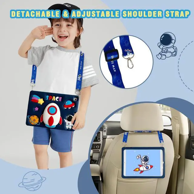 Alt view image 4 of 5 - for iPad 9th Generation Case iPad 10.2 Case for Kids with Screen Protector, Kickstand, Shoulder Strap Cute Rocket Stand Silicone Protective Cover for iPad 9th 8th 7th Gen 2021 2020 2019, Blue