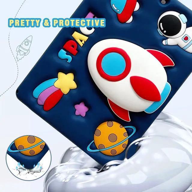 Alt view image 5 of 5 - for iPad 9th Generation Case iPad 10.2 Case for Kids with Screen Protector, Kickstand, Shoulder Strap Cute Rocket Stand Silicone Protective Cover for iPad 9th 8th 7th Gen 2021 2020 2019, Blue