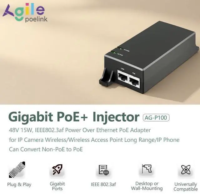 Alt view image 2 of 5 - Gigabit PoE Injector 48V 15W, IEEE802.3af Power Over Ethernet PoE Adapter, Single Port PoE Power Injector for IP Camera Wireless/Wireless Access Point Long Range/IP Phones, AG-P100