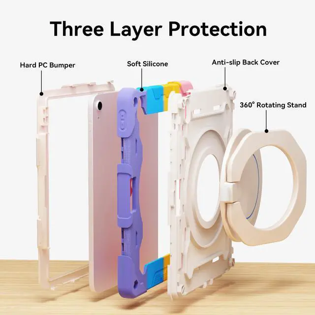 Alt view image 3 of 5 - ACEMO for iPad (A16) 11th Generation Case 2025/ iPad 10th Generation Case 2022 10.9 inch with Pencil Holder, 360deg Rotating Kickstand Handle, Shoulder Strap for Kids Girls Protective Cover, Pink