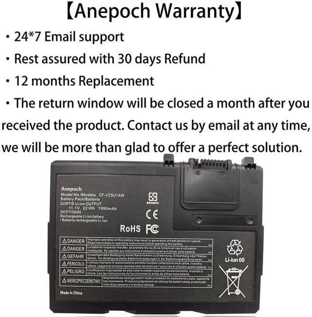 Alt view image 3 of 5 - Anepoch CF-VZSU1AW Laptop Battery Replacement for Panasonic Toughbook Cf-33 12 inch CF-33MK1 CF-VZSU1AR CF-VZSU1AJS CF-VZSU1BW 11.1V 22WH 1990mAh