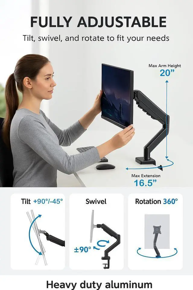 Alt view image 3 of 5 - ArcadeX Single Monitor Mount, 13 to 32 Inch Gas Monitor Arm, Adjustable Stand, Vesa Mount with Clamp and Grommet Base - Fits 4.4 to 22lbs LED Computer Monitors (Black)