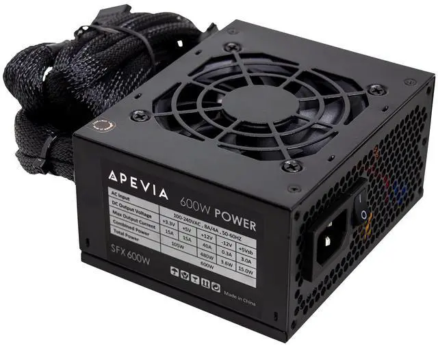 Main image of Apevia SFX-PFC600W SFX PFC 600W / Micro-ATX, Fixed Cables, Full Range Active PFC 90-264V, Low Noise Desktop Gaming Server SFX Form Factor Computer Power Supply