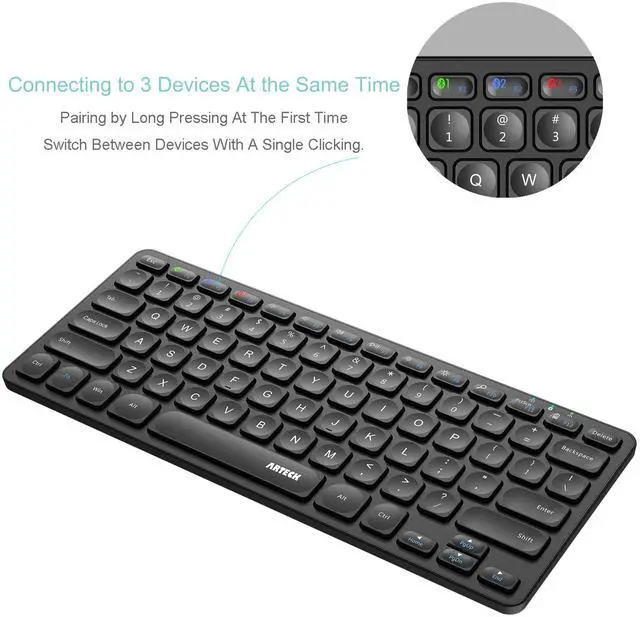 Alt view image 2 of 5 - Arteck Universal Multi-Device Bluetooth Keyboard Ultra Slim and Compact Wireless Bluetooth Keyboard with Media Hotkeys for Windows iOS iPad OS Android Computer Desktop Laptop Surface Tablet Smartphone