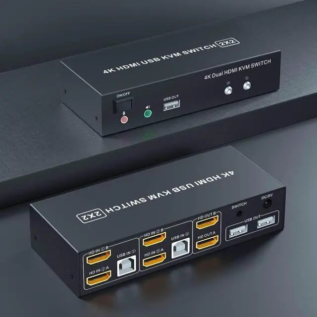Main image of Dual Monitor KVM Switch HDMI 2 Port, 4K@60Hz KVM Switch 2 Monitors 2 Computers with Audio Microphone Output and 3 USB Ports, PC Dual Monitor Keyboard Mouse Switcher