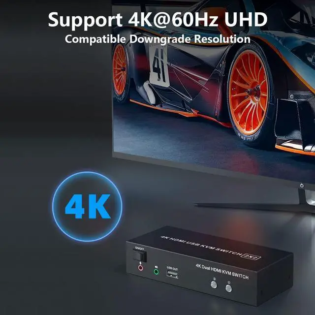 Alt view image 4 of 5 - Dual Monitor KVM Switch HDMI 2 Port, 4K@60Hz KVM Switch 2 Monitors 2 Computers with Audio Microphone Output and 3 USB Ports, PC Dual Monitor Keyboard Mouse Switcher