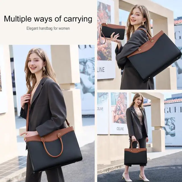Alt view image 2 of 5 - BASA BELA 16 Inch Laptop Purse Leather Briefcase and Handbags for Women Work, Waterproof Womens Computer Tote Bags, Professional Ipad Messenger Satchel Shoulder Bag with Adjustable Strap Brown-black