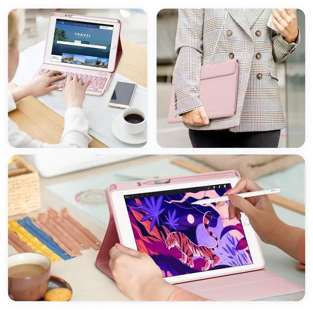 Alt view image 3 of 5 - Baisla Keyboard Case for iPad 9th Generation 10.2'', iPad 8th/7th, Premium Stain-Resistant Detachable Wireless Keyboard Adjustable Grooves Case with Pencil Holder for iPad Pro 10.5/Air 3rd Gen(Pink)